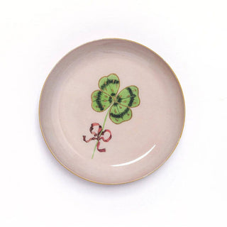 Roomytown round enamel tray with a clover  print. H 3.9"" x W 3.6"" x D 0.6"