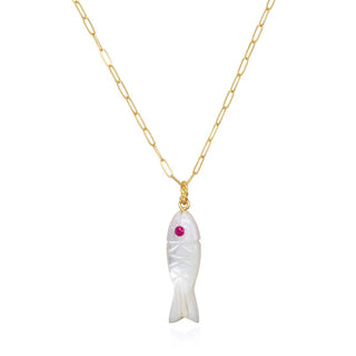 Bright and colorful natural stone hand-carved fish charm by Amelia Rose on 14k gold filled paperclip chain. Natural mother of pearl set with cz and finished in 14k gold plated sterling silver. Adjusts from 16-18."