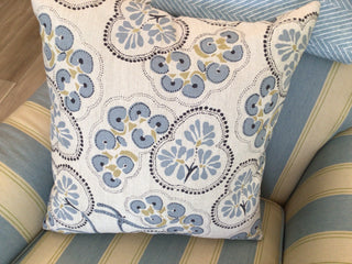 50x50 throw pillow done in a Katie Ridder fabric. Insert included. Shades of soft blue and taupe in a floral whimsical print. 