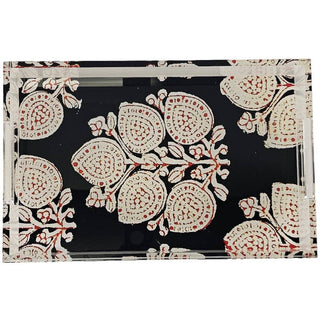 Decorative acrylic tray with floral block print pattern on a black background