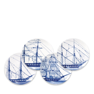set of four canapé plates showcase vintage illustrations once used to show sailors the riggings of historic wooden ships by Caskata. Dimensions: 6.25” D