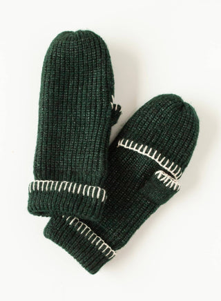 Chunky rib knit mittens with whipstitch detailing at cuff by Mersea. Flip top function and open thumb hole.
 Made of Acrylic, nylon and spandex.