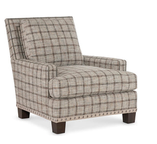 Lee Industries Deep Seat Armchair in Woodland Truffle grey and chocolate plaid fabric
Leg Finish: Pecan
Welt on base: Ovation Suede 
Medium platinum Nails on Base
Small platinum nails on Arms and on Back
