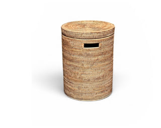 Rattan round hamper by Matahari with side handles. Dimensions 18”x26”H.