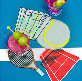 This set of four 100% linen cocktail napkins by Piecework is a rally of courtside charm—featuring a racket, tennis ball, court, and ball collector in playful embroidery.