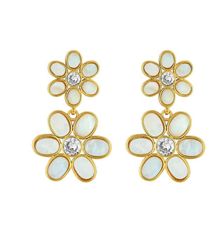 14k gold dipped daisy double drop earring by Asha with mother of pearl petals & cz

.75" widest x 1.25" drop