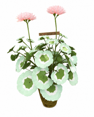 Paper geranium plant by The Green Vase with hand painted leaves and 2 blossoms in a beautiful aged terra cotta pot. Pictured here in salmon with white leaves. Approximately 28” tall, 23” at widest point. Pot measures 6.5" high and 7" in diameter.