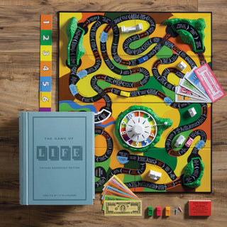 Life Vintage Bookshelf Edition by WS Game Company.
Fabric wrapped book with integrated storage with vintage inspired graphics from the original 1960 edition- Game of Life
Plastic spinner
3 Mountains, bridge and 7 buildings
6 plastic car pawns, people pegs
Money, insurance policies
Stock certificates and promissory notes
Deck of 24 cards
Betting board
