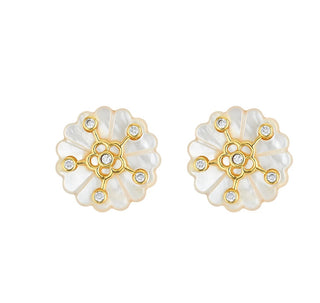 Isabel Stud by Asha.
14k gold dipped Isabel flower stud earring in mother of pearl with CZ

.8"w