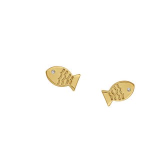 Mini Fish Stud by Asha. 
14k gold dipped mini fish stud w/ cz eye&nbsp;

.5"L x .25"W