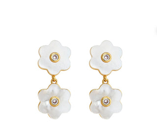 Garden Drop by Asha.
Our bestselling stud now in the drop earring! 14k gold dipped double garden drop earring in mother of pearl and CZ center.

.5"W x 1.25"L
