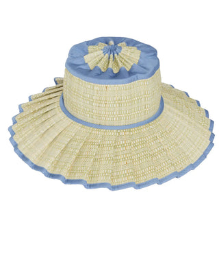 Natural grass fibre hat with fabric on edge of brim, around crown and head. UPF 50. Collapsible and packable.