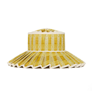UPF 50 grass fibre hat with horizontal band of stripes. These sun hats are easily foldable, making them compact  for travel.