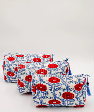 Block printed cotton toiletry bag with wipeable plastic inside. 