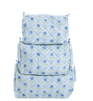 Cotton blockprint makeup bag with inside wipeable liner.