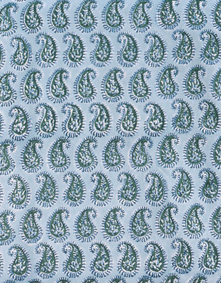Walter G Simrane Byzantine tablecloth Patterned fabric with green paisley design on a light blue background