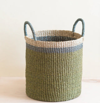 Multicolor handwoven basket with handles. Size 9”H x 8”D medium 