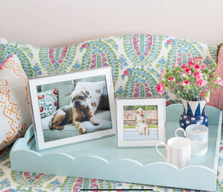 5x5 White enamel frame with a silver curved edge by Addison Ross. 