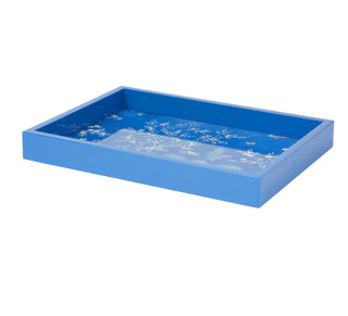 11 x 8 blue rectangular lacquered tray with a chinoiserie design by Addison Ross.