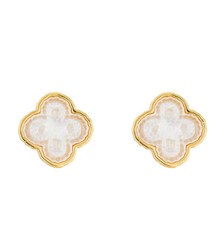 Inspired by vintage crochet clovers and Ashley’s enduring love of Moorish quatrefoils, the 14k gold dipped and carved mother of pearl studs blend old-world artistry with modern elegance.

16mm/.65"