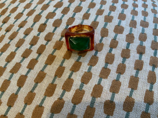 Resin ring with green quartz stone by Lucas Jack.