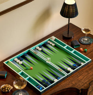 Lacquered black tartan backgammon set by Addison Ross.