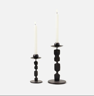  Set of 2 Block and spindly candle holders with a round base by Blue Pheasant. 
Dimensions: 3.5"D x 8"H.
 5"D x 11.5"H