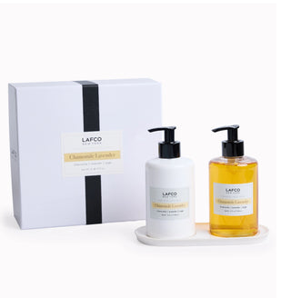 Hand care set by Lafco which includes a Hand soap and hand cream and a ceramic tray.  Calming chamomile melts into a heart of eucalyptus to create a feeling of well-being. Sulfate free and olive oil based. 