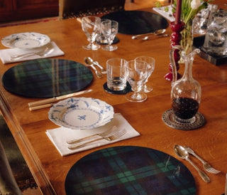 Black watch tartan lacquered placemats by Addison Ross. Set of 4 placemats. 