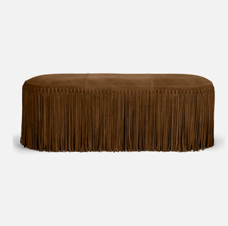Suede bench with fringe by Made Goods. dimensions 36”W x 16”D x18” H