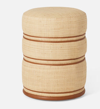 Raffia stool with saddle piping by Made Goods. Dimensions 14”D x 20”H