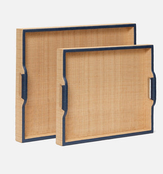 Square raffia tray with a navy border finish by Made Goods. 
Dimensions 28”L x 28”W x 3”H
