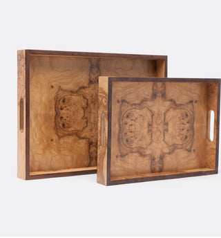 Olive ash and walnut contrasting wood tray by Made Goods featuring a split pattern veneer.

Dimensions: 16.5”L x 11.5”W x 2”H