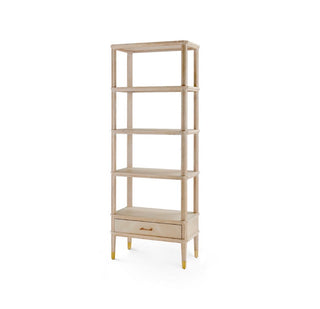 the Bertram Etagere from Villa and House comes in a light straight grain cerused oak with one hand-cast brushed brass drawer pull and sabot details. The shelving unit has one drawer for hidden storage and four open shelves for displaying decorative objects or books.