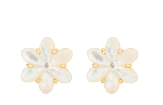 14k gold dipped Eadie stud by Asha with mother of pearl flower and cz center. Studs are shaped like a flower.

20mm/.75"w