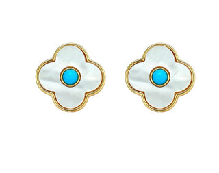 Asha 14k gold dipped Angelina clover studs with mother of pearl & turquoise cab center. 
0.75"

 
