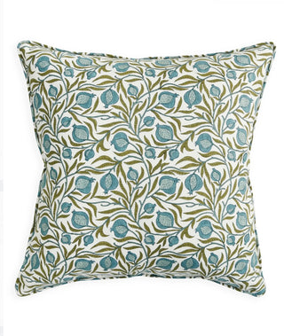 Hand blocked leaves and pomegranate linen print pillow by Walter G. 
Size 22 x 22" / 55 x 55cm
Material 100% Oyster Linen
Finish Pipe Edge
