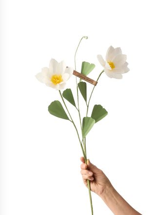 The Green Vase paper Japanese anemone stem with 2 blooms, 1 bud, and leaves by The Green Vase. Approximately 13" tall.