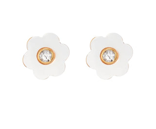 Flower stud earring by Asha in mother of pearl with white topaz .5”