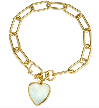 14k gold dipped link bracelet with heart charm in mother of pearl.