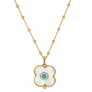 Gold dipped mother of pearl and turquoise evil eye charm with white topaz by Asha.
75” diameter