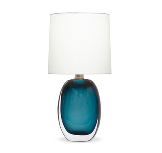 Blue glass lamp with white drum shade