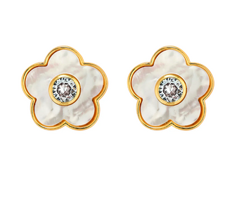 Asha mother of pearl flower studs with clear CZ center. 