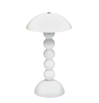 Addison Ross White Laquer bobbin style cordless table lamp with power button on top.