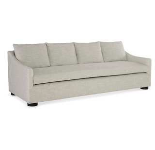 Lee Industries 4034-03 pale grey and off white sofa with a bench seat cushion and four back pillows.