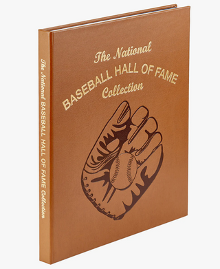 Graphic Image's Cognac leather bound book with 'The National Baseball Hall of Fame Collection' text embossed in gold and an embossed baseball glove illustration on a white background