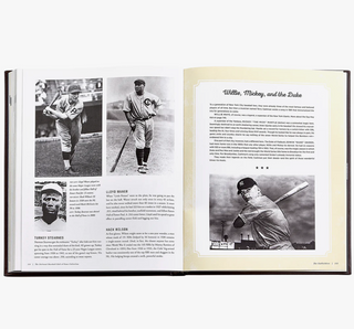Graphic Image's Cognac leather bound book with 'The National Baseball Hall of Fame Collection' Book open to pages featuring black and white photos of baseball players and text.