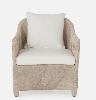 Made Goods Jayceon whitewashed Lampakanay armchair with white cushion on a white background