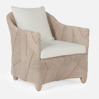 Made Goods Jayceon whitewashed Lampakanay armchair with white cushion on a white background