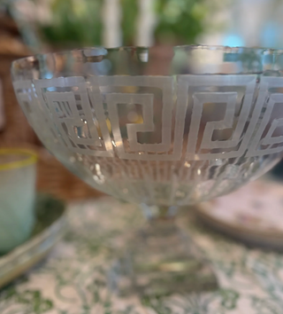Verdigris Collection Pitt Street clear glass bowl with etched greek key design. 